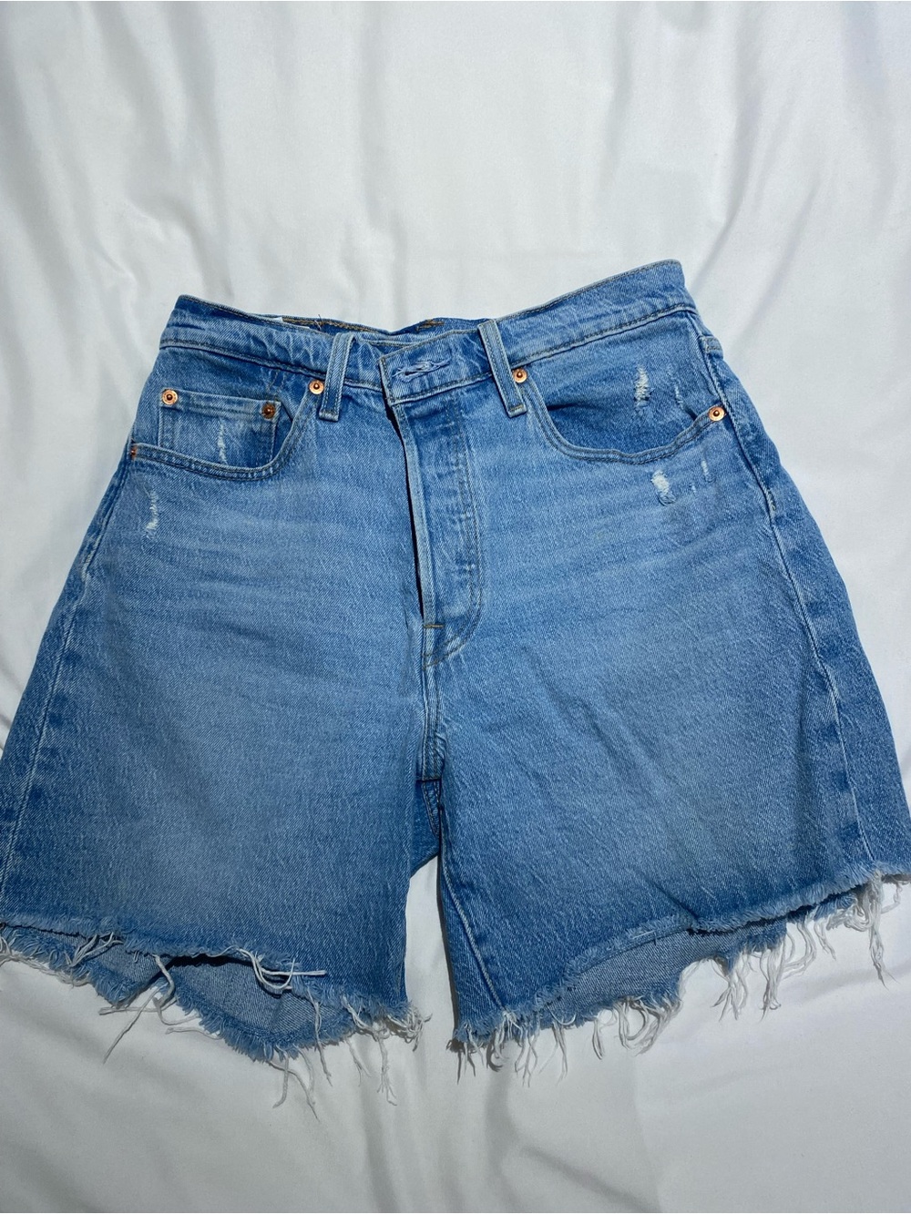 Levi's Medium Blue Frayed Hem Denim Shorts 501